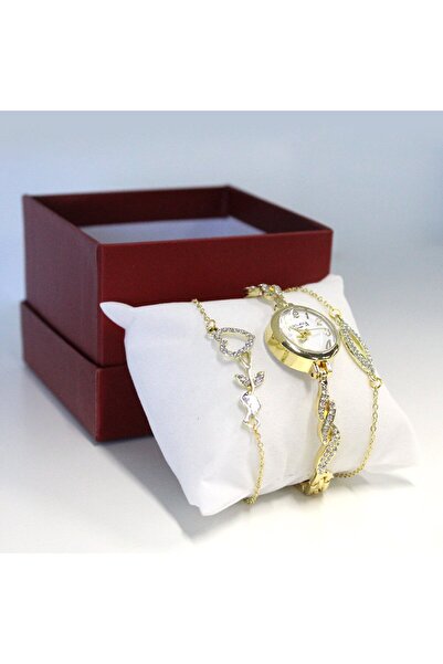 velve Κομψό σετ Francesca di Geneva, μεταλλικό ρολόι, πλεκτή όψη, κρύσταλλα, δύο ασορτί μπρασελέ, χρυσό