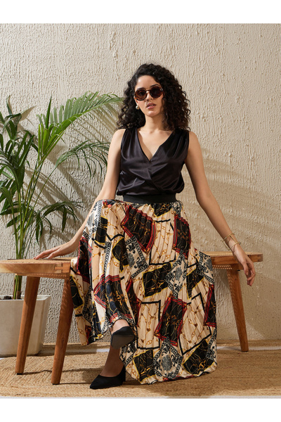 Stylestone By Styli Printed Satin Pleated A-Line Midi Skirt