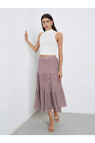 Take Two By Styli Tan Button Detail Tiered Midi Skirt