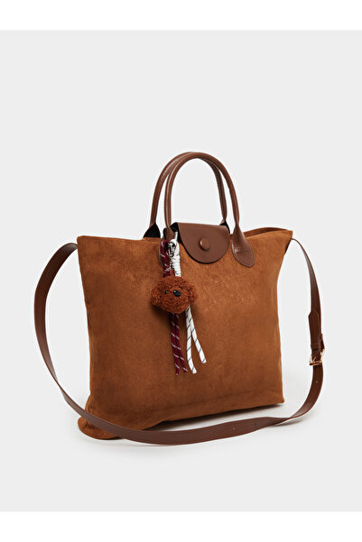 Styli Khaki Suede Tote Bag with Charm