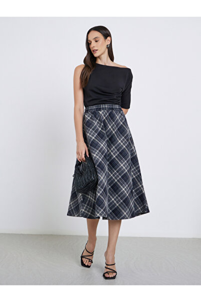 Styli Checked Elastic Waistband A-Line Midi Skirt