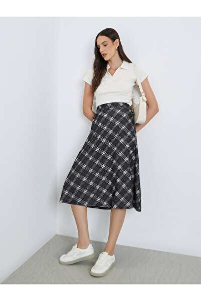 Styli Checked Print A-Line Midi Skirt