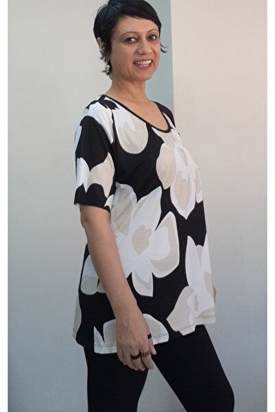 Mertcan Butik Black and White Ecru Patterned Front-Cinched Short-Sleeved Combed Viscose T-Shirt