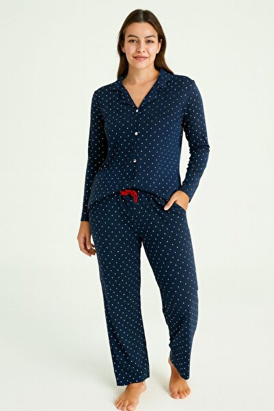 Lady Queen Set de pijamale pentru femei cu mâneci lungi, cu guler cămașă și nasturi în față