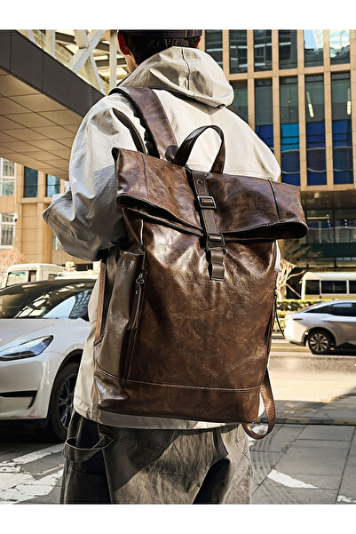 Take Two By Styli Coffee Brown Leather Flap Closure Backpack