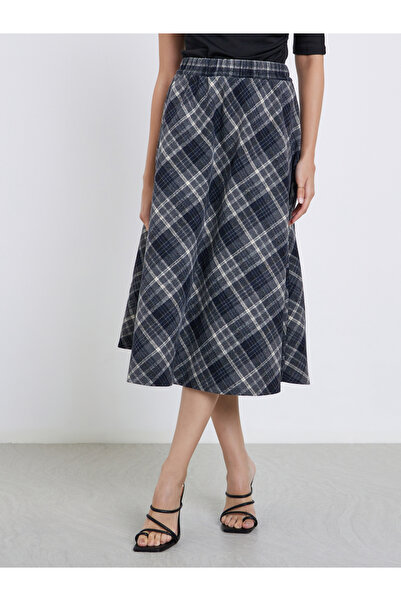 Styli Checked Elastic Waistband A-Line Midi Skirt