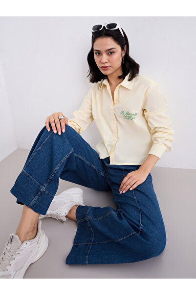 Styli بنطلون جينز نسائي أرجل واسعة بتفاصيل كشكشة