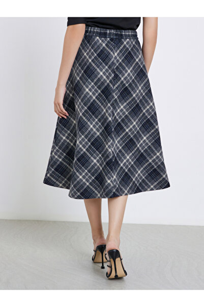 Styli Checked Elastic Waistband A-Line Midi Skirt