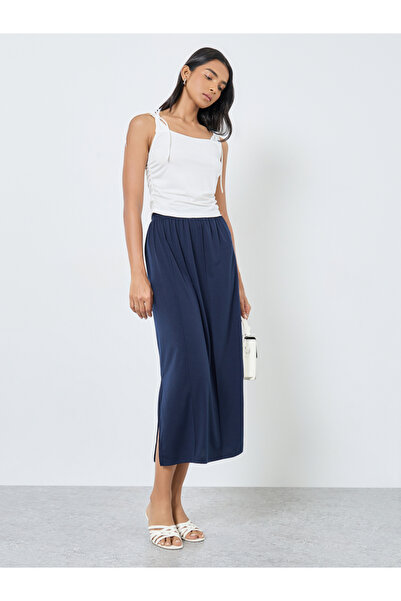 Take Two By Styli Solid Elastic Waistband Midi Skirt with Side Slit