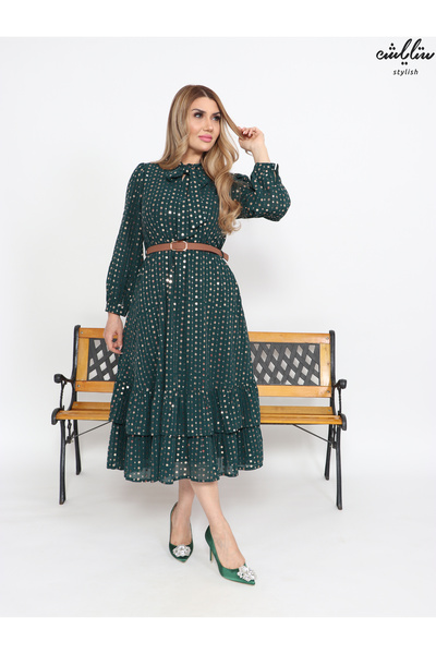 Stylish فستان ميدي انيق بترتر باللون العشبي