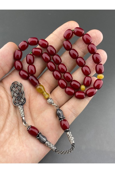 Tesbih Store Ottoman Simile Tightened Amber Velvet Boxed Cherry Color Imame Shaved 1000 Sterling Silver Kazaz