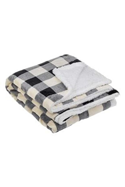 Jumbo Decorative Winter Blanket Black White Checkered Velvety Sherpa for Armchair 160 x 130 cm