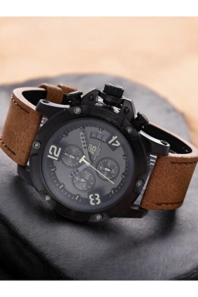 T5 Saat T5 Men's Wristwatch – Black Case – Brown Leather Band – Chronograph & Calendar – Water Resistant