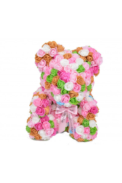 velve Ursulet Floral Teddy Bear rainbow din Trandafiri de spuma, 40 cm, in cutie cadou, roz-alb-verde