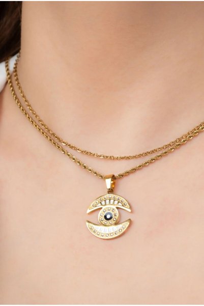 İNN JEWELLERY Steel Women's Special Design Double Evil Eye Figured Necklace D...