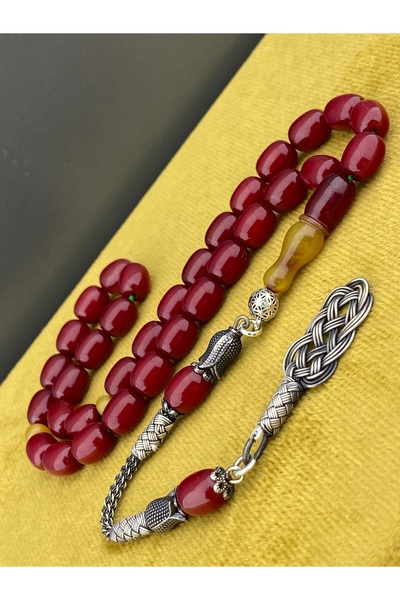 Tesbih Store Ottoman Simile Tightened Amber Velvet Boxed Cherry Color Imame Shaved 1000 Sterling Silver Kazaz