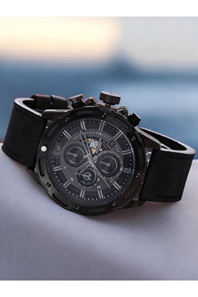 T5 Saat T5 Men's Wristwatch – Black Steel Case – Black Leather Band – Chronograph & Calendar – Water Resistant