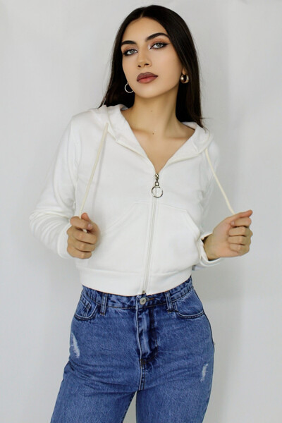 FashionForYou Κοντό φούτερ Adele, με φερμουάρ, τσέπες και κουκούλα με κορδόνι, Λευκό, S