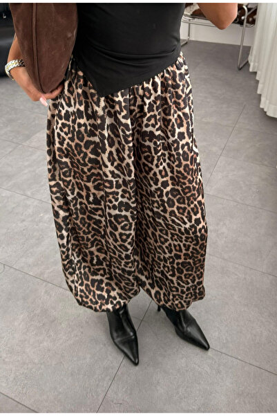 Bak'ap Premium Beli Lastikli Leopar Desenli Saten Şalvar Pantolon