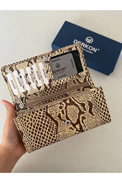 DERKON Жіночий гаманець з крокодилячим візерунком, з великою кількістю відділень, з натуральної шкіри, кремовий