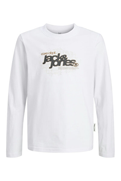 Jack & Jones Hanorac JACK & JONES Grid Branding Crew JNR - 12285159-Alb strălucitor