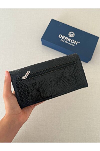 DERKON Crocodile Patterned Genuine Leather Women's Wallet with Plenty of Eyelets Black