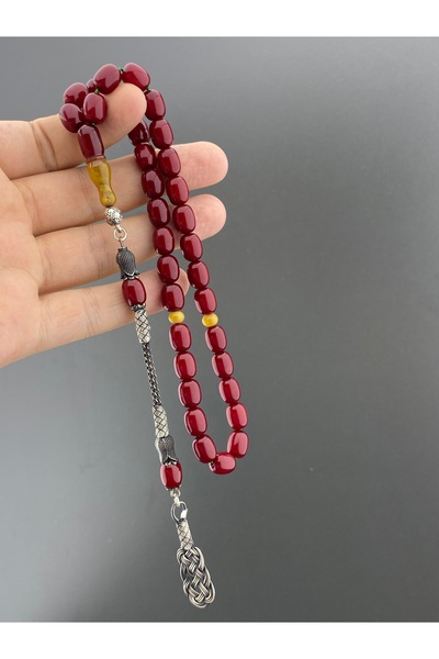 Tesbih Store Ottoman Simile Tightened Amber Velvet Boxed Cherry Color Imame Shaved 1000 Sterling Silver Kazaz