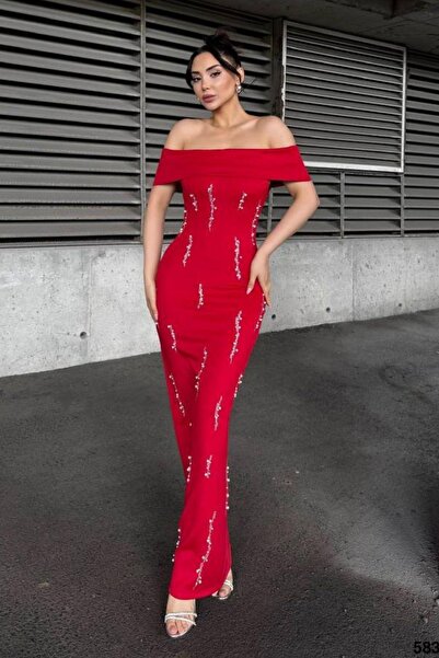 zoezoe Taş Detaylı Straplez Yaka Scuba Kumaş Elbise Kırmızı 583241