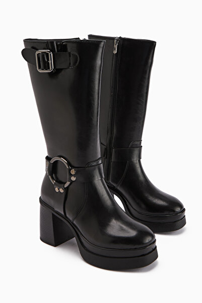 Limoya Beris Black Buckle Detailed Platform Heeled Women's Boots