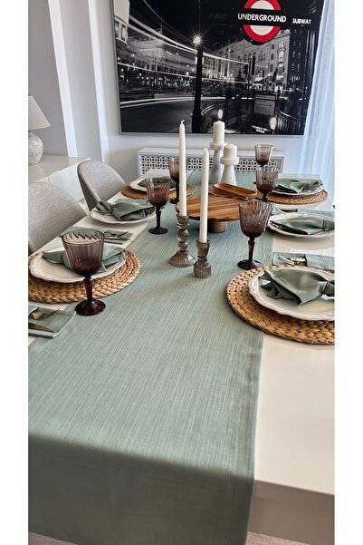 Decamor home Linen Textured Green Runner Seamless Fabric 1 Piece Runner