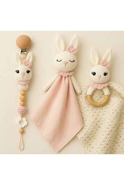 Naturel Bebek Amigurumi %100 Pamuk Pembe Tavşan Uyku Arkadaşı Emzik Askısı Di...
