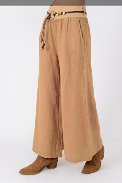 AYASOFYA OTANTIK Women's Cappuccino Italian Rope Belted Wide Leg Linen Trousers