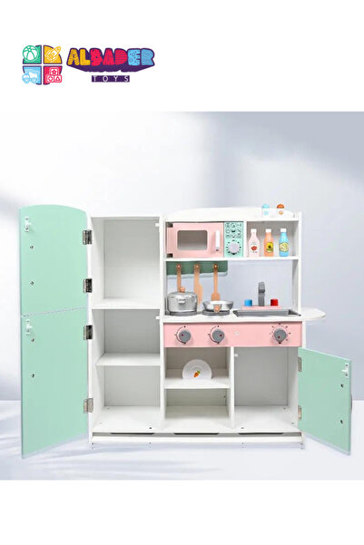 ALBADER مجموعة ألعاب مطبخ للأطفال، لعبة مطبخ خشبية، مطبخ لعب للأطفال مع الملحقات