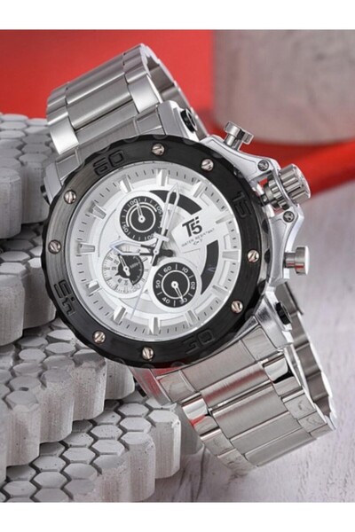 T5 Saat T5 Men's Wristwatch – Steel Band – Black Bezel – White Dial – Chronograph & Calendar – Water Resistant