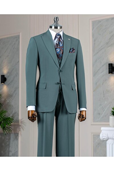 TerziAdemAltun بدلة بنطلون وسترة بقصة ضيقة على الطراز الإيطالي باللون الأخضر T14580