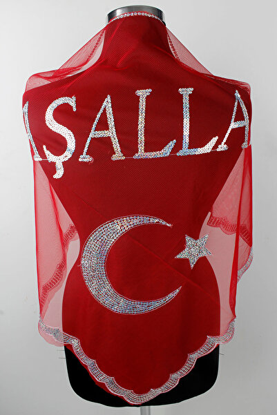 Mortex Kırmızı Maşallah Omuz Örtüsü Şal Eldiven Duvak Seti - Damat Sağdıç Kın...