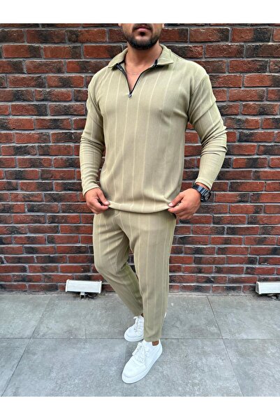 Baycombine35 Ανδρικό σετ αθλητικής φόρμας με κάθετες ρίγες από ύφασμα Ottoman με λεπτομέρεια με φερμουάρ