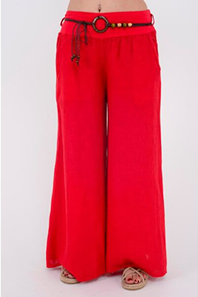 AYASOFYA OTANTIK Women's Orange Italian Rope Belted Wide Leg Linen Trousers