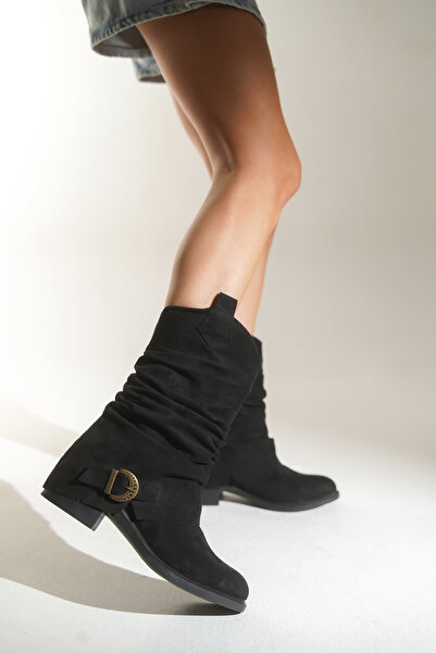 HVZ Exclusive Siyah Süet Kadın Diz Altı Çizme Yovar Günlük Klasik Çizme Diz Üstü Bot