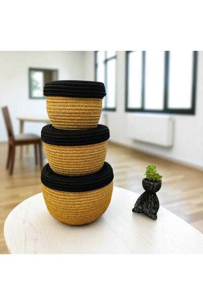 Hediyeninellitonu coș cu capac din răchită set de trei coșuri din răchită din...