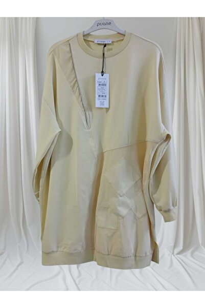 Puane Women's Zipper and Applique Detailed Comfortable Fit Sports Tunic Beige