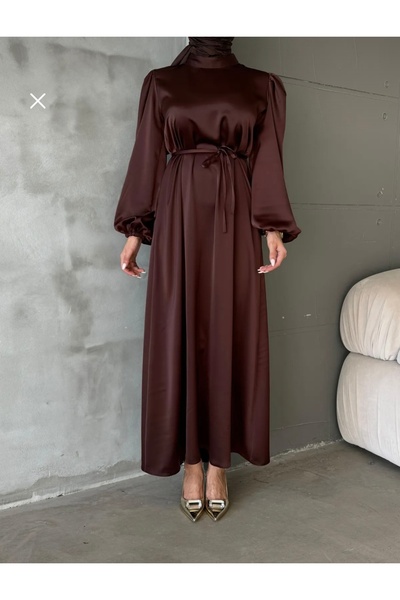 VAIMONI MODA Balon Kol Saten Tesettür Oversize Biye Kuşaklı Tesettür Elbise