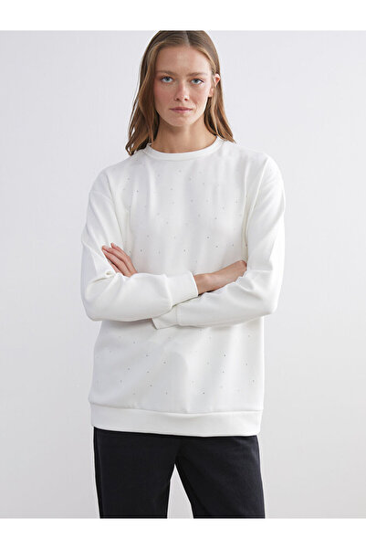 LC Waikiki Peak New Season White Crew Neck Women's Sweatshirt with Stones