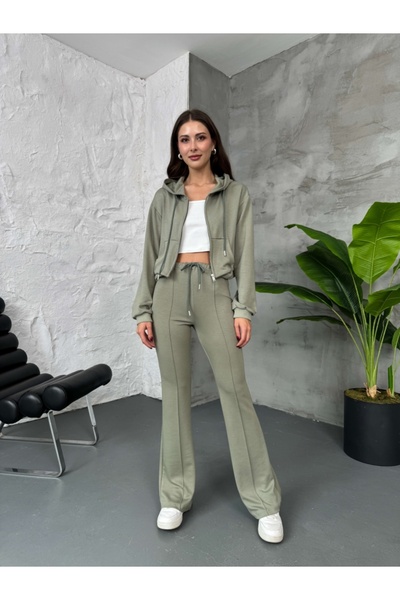 Elif Özbey Butik Haki Dikiş Detay Fermuarlı Sweat Takım