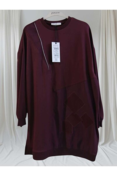Puane Women's Zipper and Applique Detailed Comfortable Fit Sports Tunic Burgundy