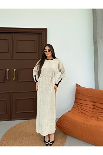 UMSA MODA ÇİZGİ DOKULU KUŞAKLI BİSİKLET YAKA TRİKO ELBİSE