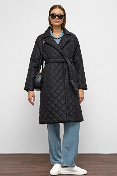 Olcay Belted Double-Breasted Quilted Coat with Snap Closure Black 6786