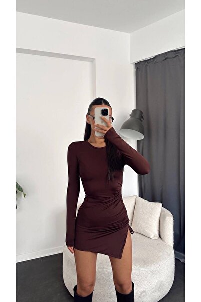 Linich&Co 2820 Μίνι καφέ φόρεμα με κορδόνι από ύφασμα κατάδυσης