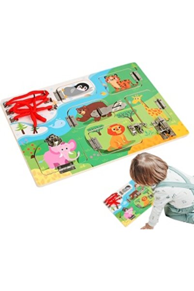 Picodino Busy Board din lemn cu siret si incuietori - Animalute