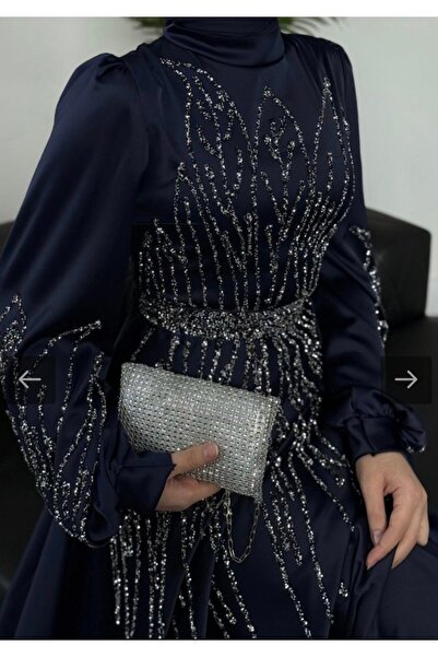 VAIMONI MODA Saten Taş Detaylı Uzun Tesettür Abiye (NİŞAN-DÜĞÜN)